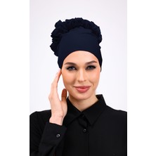 Fırfırlı Lacivert Dikişsiz Penye Bone Kadın Tesettür Bağlamalı