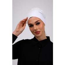 Fırfırlı Ekru Dikişsiz Penye Bone Kadın Tesettür Bağlamalı (Kırık Beyaz)