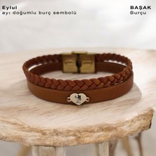 14 Ayar Altın Plakalı Kalp Motifli Kadınlara Özel Derili Burç Bilekliği-401burç-Kahverengi