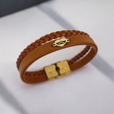 Altın Plakalı 14 Ayar Kadınlara Özel Özgün Derili Kalp Motifli Sembol Bilekliği-401sembol-Kahverengi