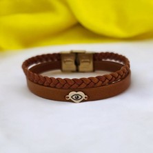 14 Ayar Altın Plakalı Kadınlara Özel Özgün Derili Kalp Motifli Sembol Bilekliği-401sembol-Kahverengi