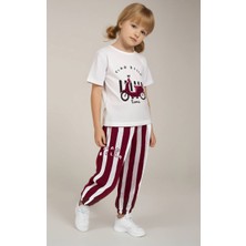 Kız Çocuk Scooter Üzeri Aplike Detaylı Tshirt ve Çizgili Jogger Alt Üst Takım