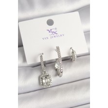 Pirinç Gümüş Renk Zirkon Taşlı Baget Halka Model 3'lü Kadın Kombin Küpe