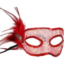 Kırmızı Yandan Tüylü Payetli Parti Maskesi