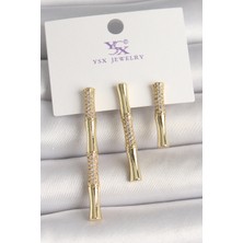 Pirinç Gold Renk Zirkon Taşlı Bambu Model 3'lü Kadın Kombin Küpe