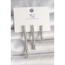 Pirinç Gümüş Renk Zirkon Taşlı Bambu Model 3'lü Kadın Kombin Küpe