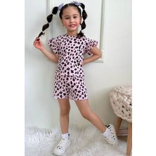 Pjkskt Leopar Desen Pembe Fitilli Kumaş Fırfırlı Kollu Şortlu Kız Çocuk Kısa Kol Takım 7632-P