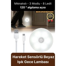 Premium Hareket Sensörlü USB Şarj Edilebilir Mıknatıslı 3 Mod 8 Ledli Beyaz Işık Gece Lambası 1 Adet