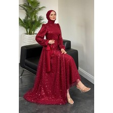 Hilly Kolları Fiyonk Saten Abiye Bordo