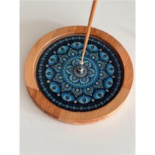 Ahşap Üzerine Epoksi Mandala Desenli Yuvarlak Tütsülük -12 cm Çap- Mavi