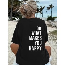 Baskılı Oversize Bisiklet Yaka T-Shirt - Siyah