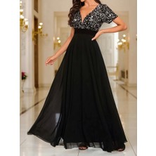 Kadın Kısa Kollu Derin V Yakalı A Kesim Pulpayet Detaylı Şifon Nedime Elbisesi