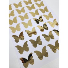 Yapışkanlı Sticker Kelebek Şekilli Sticker Etiket Parlak Gold Renkli 28 Adet 3.5x4.5 cm