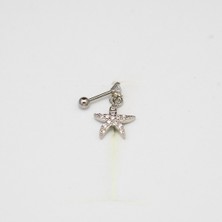 Sallantılı Deniz Yıldızı Paslanmaz Cerrahi Çelik Piercing… Gümüş/silver Renkli ve Şeffaf Taşlı (Targus Helix Conch Flat)
