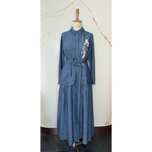 Baskılı Taşlı Kot Elbise