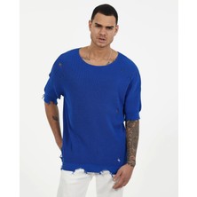 Erkek Saks Mavi Oversıze Triko T-Shirt