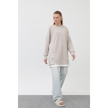 Fermuar Detaylı Bej Sweatshirt 10613