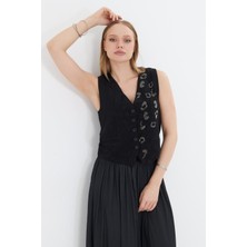 Leopar Desen Taşlı Yelek