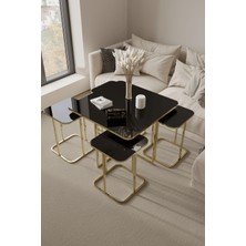 Home Plus Mobilya 4+1 Gold Kaplama Siyah Ayna Radüslü Orta Sehpa