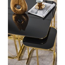 Home Plus Mobilya 4+1 Gold Kaplama Siyah Ayna Radüslü Orta Sehpa