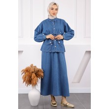 İmaj Butik Koyu Mavi Cepli Ceket Etekli Kot Takım