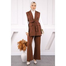 İmaj Butik Kahve Gömlek Yelek Pantolonlu 3'lü Kombin Takım