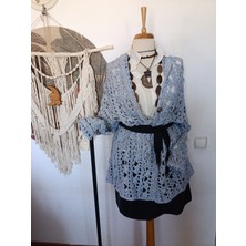 Gri Mavi Yün Akrilik Tığ Dokuma Dantel El Işi Tasarım Hırka