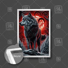 Bozkurt Üç Hilal Göktürkçe Turan Gece Ay Işığı Boz Kurt Ülkücü Çerçeveli Dikey Kanvas Tablo