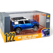 Kutulu Çek Bırak 1:22 Sesli ve Işıklı Buharlı Off-Road Metal Jeep Mavi