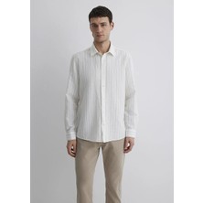 Mavi Keten Karışımlı Çizgili Beyaz Gömlek 0211515-620