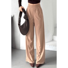 Kadın Sophia Yüksek Bel Arkası Lastikli Yan Gizli Fermuarlı Ispanyol Paça Kumaş Palazzo Pantolon