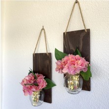 LED Işıklı, Pembe Islak Ortanca Çiçekli Duvar Dekoru Ceviz Ikili Set