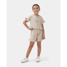 Magu Kız Çocuk Keten Bej Fırfır Detaylı Kısa Kollu Şortlu Takım