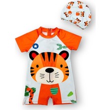 Lolli Boom Kids Kısa Kollu Kaplan Desenli Erkek Bebek Çocuk Mayo Takımı - Şapkalı - Hızlı Kuruyan - Yazlık