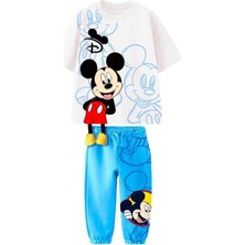 Erkek Çocuk Eğlenceli Mickey Sarkık Detaylı Mavi Renk Pamuklu T-Shirt Eşofman Alt Üst Takım