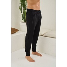 Erkek Siyah Standart Fit Normal Kesim 2 Iplik Cepli Rahat Pamuklu Jogger Eşofman Altı