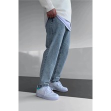 Erkek Asit Yıkama Yıpratmalı Mavi Kot Baggy Pantolon Jean
