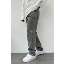 Erkek Asit Yıkama Gri Bol Paça Jean Kot Baggy Pantolon