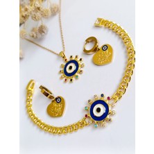 Küpe Bileklik ve Zincirli Kolye Nazar Boncuk Altın Kaplama 316 L Çelik 3'lü Set + Hediye Paket