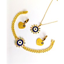 Küpe Bileklik ve Zincirli Kolye Nazar Boncuk Altın Kaplama 316 L Çelik 3'lü Set + Hediye Paket