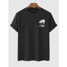 Palmiye Baskılı Oversize Bisiklet Yaka Kısa Kol T-Shirt - Siyah