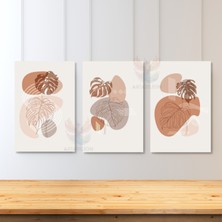 3'lü Set Kanvas Tablo Minimalist Kahverengi Yapraklar Boho Oturma Odası Tablosu Bohemian Tablo