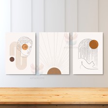 3'lü Set Kanvas Tablo Minimalist Boho Modern Line Art Kedi Güneş ve Heykel Duvar Tablosu Bohemian