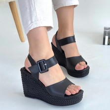 Wowo Siyah Cilt Dolgu Topuk Sandalet