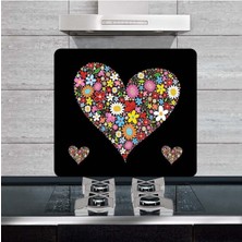 Dekoratif Cam Ocak Arkası Koruyucu ve Kesme Tahtası Siyah Kalp 50CM x 56CM Tek Parça