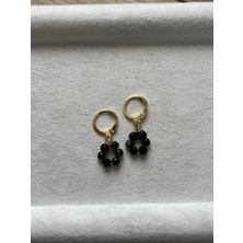 Minimal Gold Obsidyen Taşı Altın Kaplama Halka Küpe