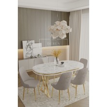 Nil Serisi Lak Panel Mdf Beyaz Mermer Desen Masan 90 x 168 Gold Ayak Masa Takımı 6 Adet Sandalyeli