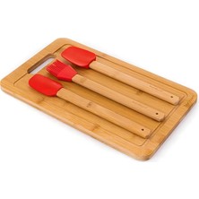 Bambu Kesme Tahtası Kes Hazırla Seti Kesme Tahtalı Kırmızı Spatula Seti