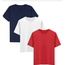 3lü Kısa Kol Rahat kalıp unisex Tişört Beyaz -Lacivert -Kırmızı