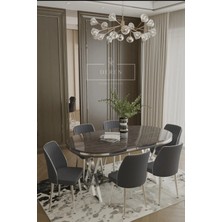 Nex Serisi Mdf Lak Masa 90X168 Gümüş Metal Ayak 6 Adet A Baby Face Silinebilir Kumaş Sandalye